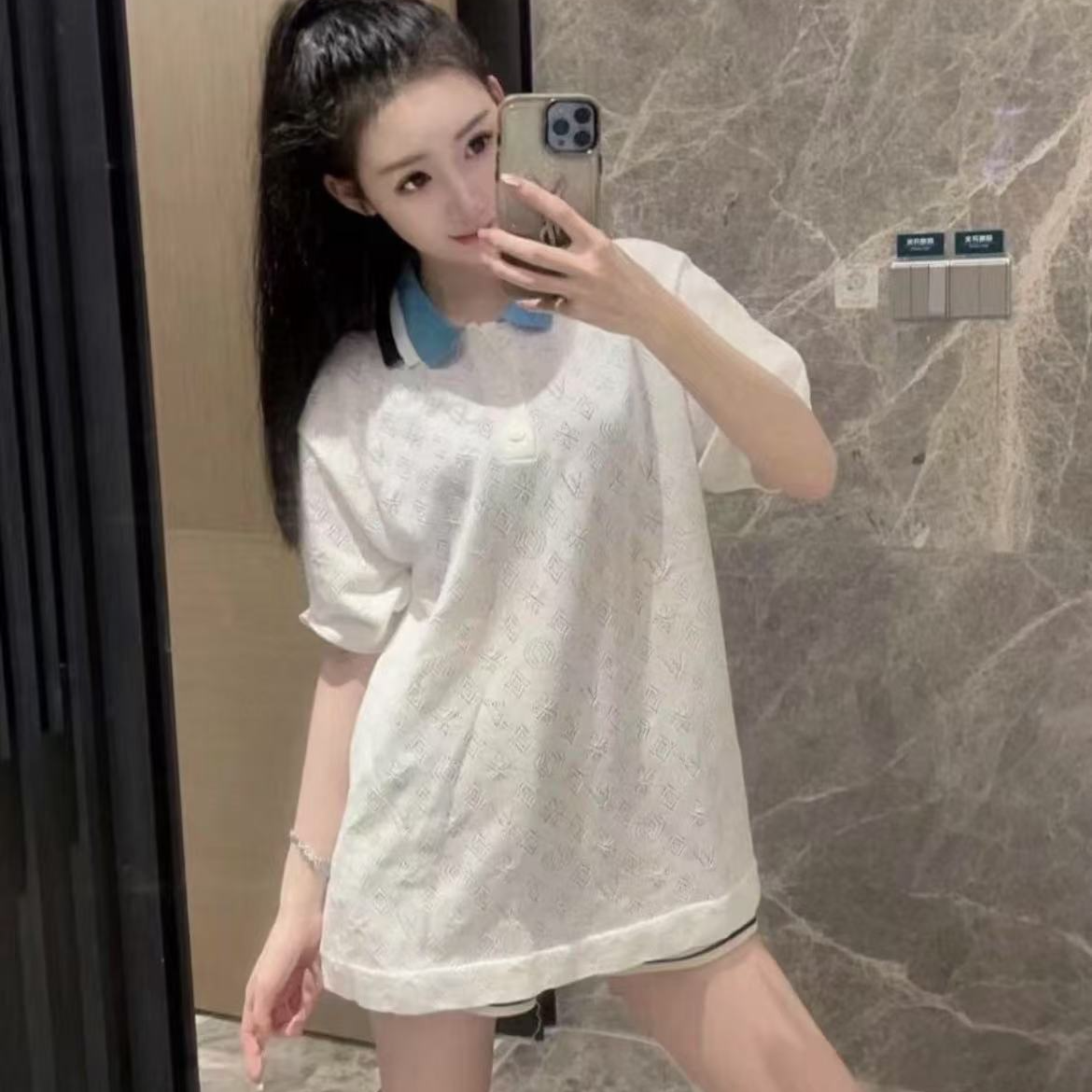 未使用 LouisVuitton/路易威登 条纹嵌花衣领镂空短袖Polo衫