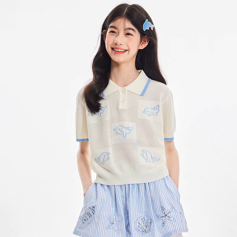 童装女童海洋polo衫短袖2025夏季新款海豚透气翻领T恤上衣
