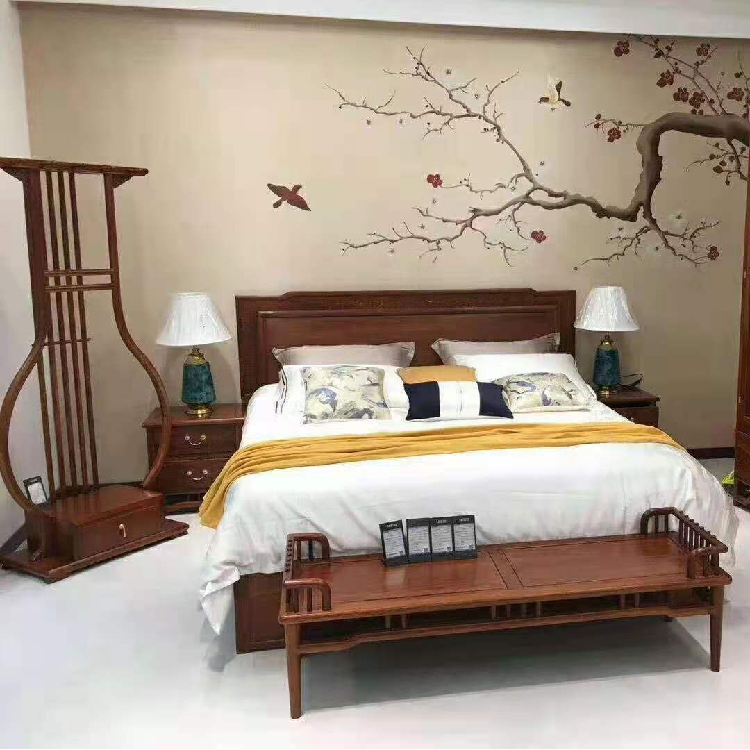 新中式双人单人床实用型双刺猬紫檀红木原木色大床简约轻奢古典