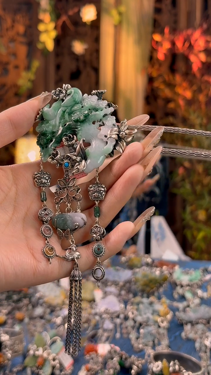 银S925镶嵌挂件翡翠发簪