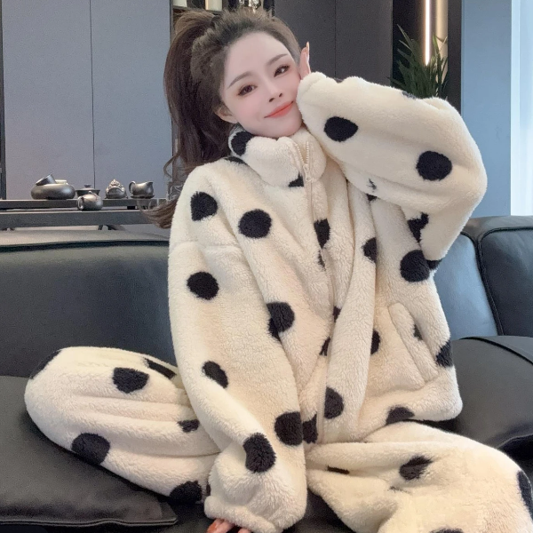 睡衣女士大码长袖韩版可爱家居服加厚保暖珊瑚绒套装加绒毛绒