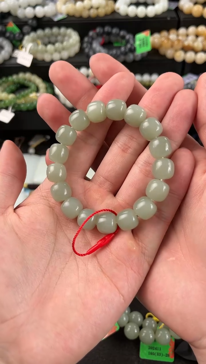 【闪购商品】和田玉手串未镶嵌且末青白老型珠手串卡12mm微色差