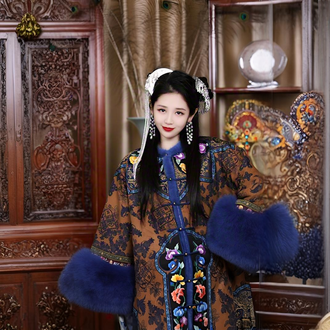 衣最芳绣花仙子蓝色青花瓷对开大袖口狐狸毛No退No换