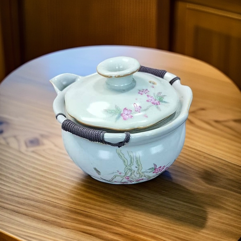 微瑕古汝陶瓷桃花手抓壶陶瓷茶壶便携式汝窑