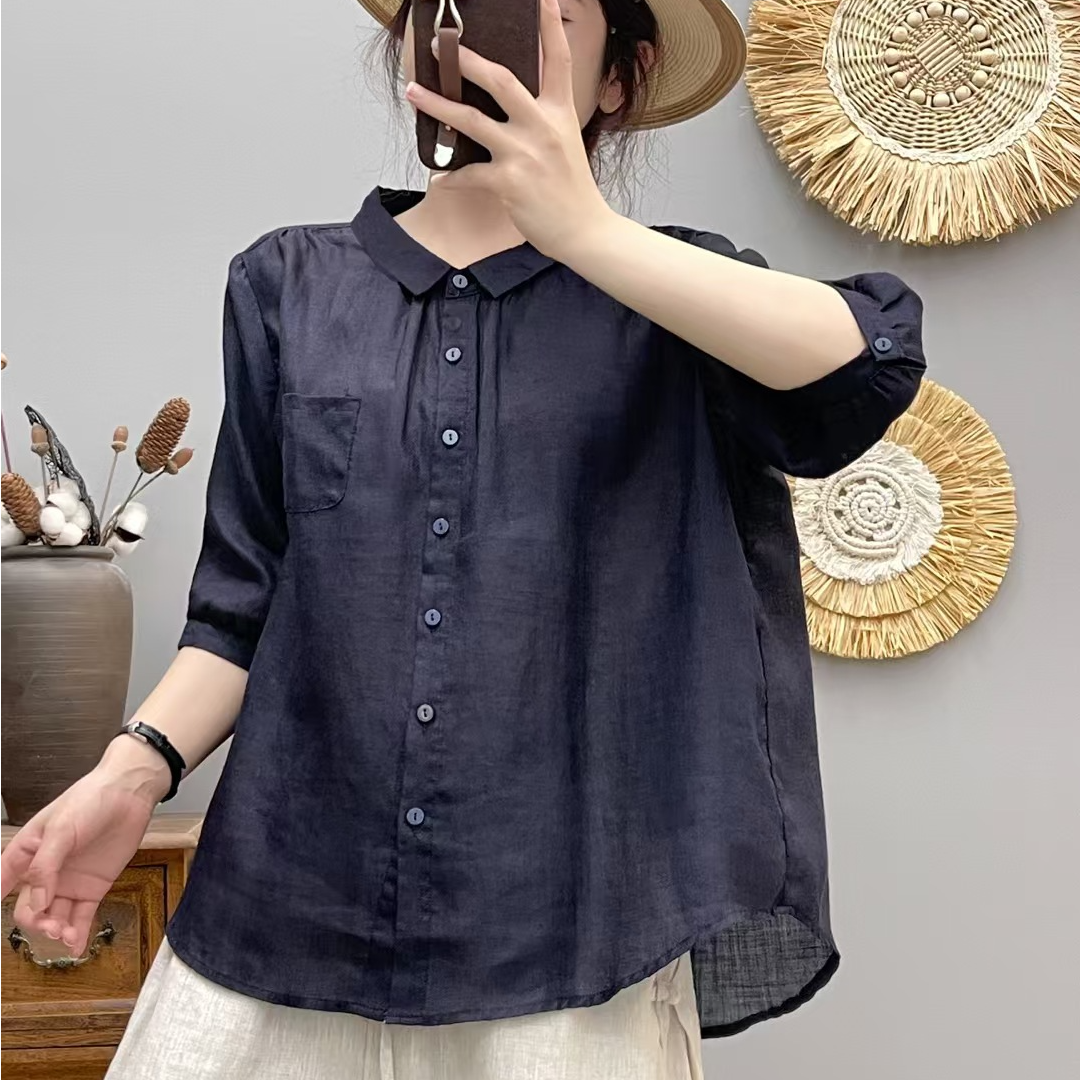 2025夏季新款纯色五分袖苎麻衬衫女文艺清新宽松显瘦气质上衣