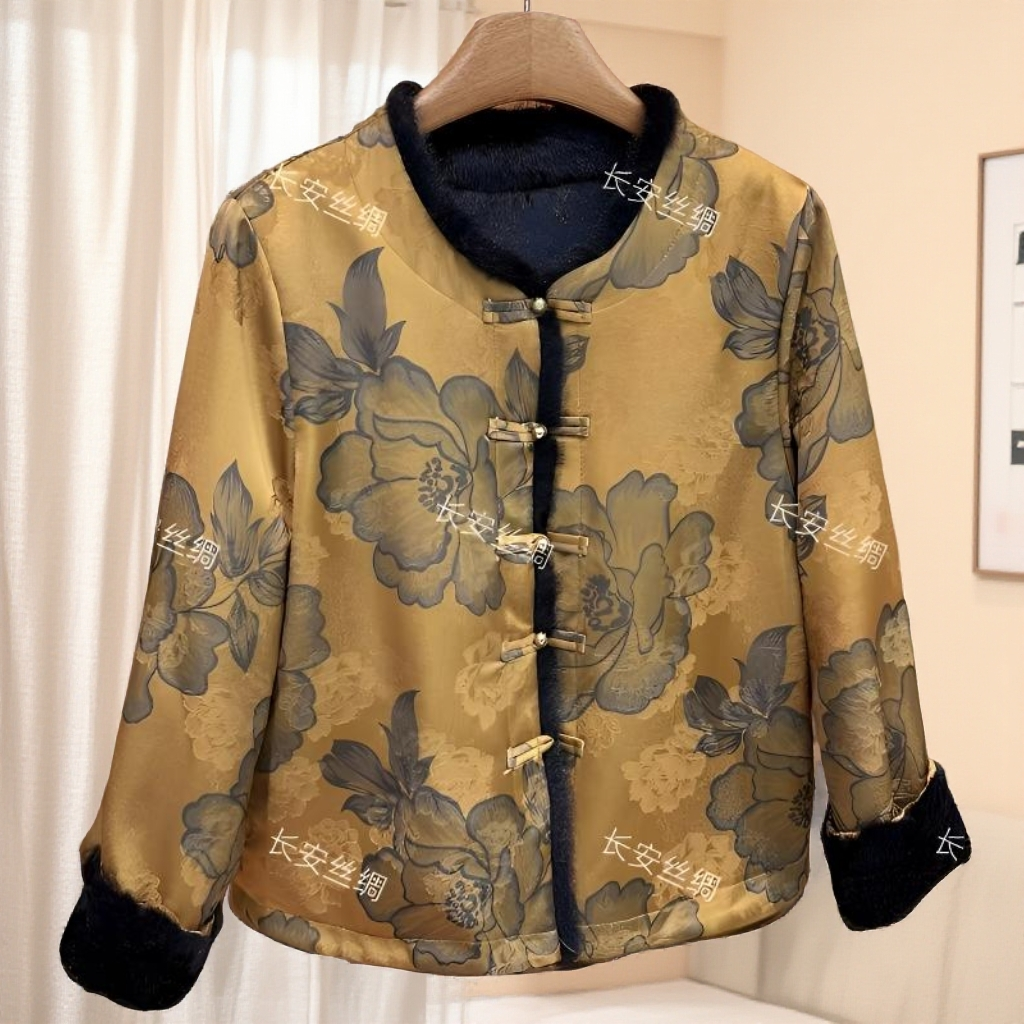 冬季新款新中式国风提花水貂绒加绒加厚圆领复古气质短款外套黄色