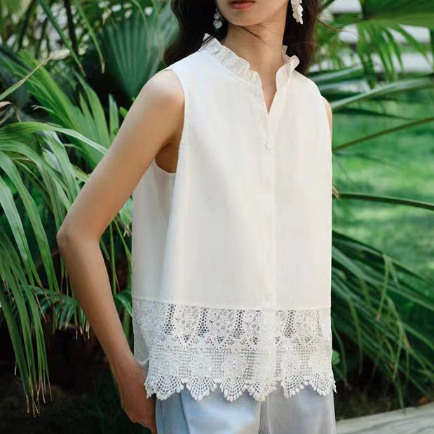 女士衬衫  气质无袖时尚高定​​花​边衬​衣