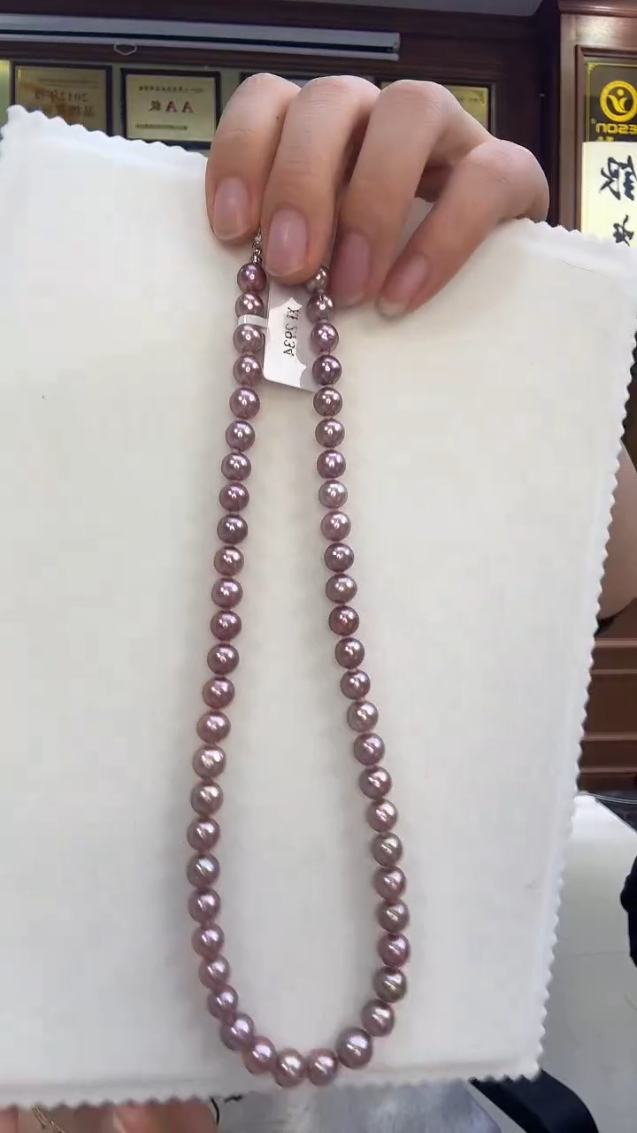项链银S925镶嵌淡水珍珠7-8mm淡水妖孽紫色珍珠项链  