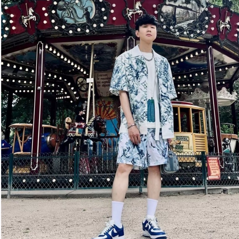 99新 LouisVuitton/路易威登 H14619 23款蓝色印花短袖衬衫 XL码