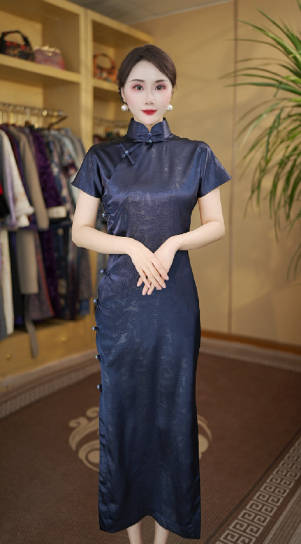 伯渠 蓝全开襟日常气质显瘦文艺优雅复古旗袍