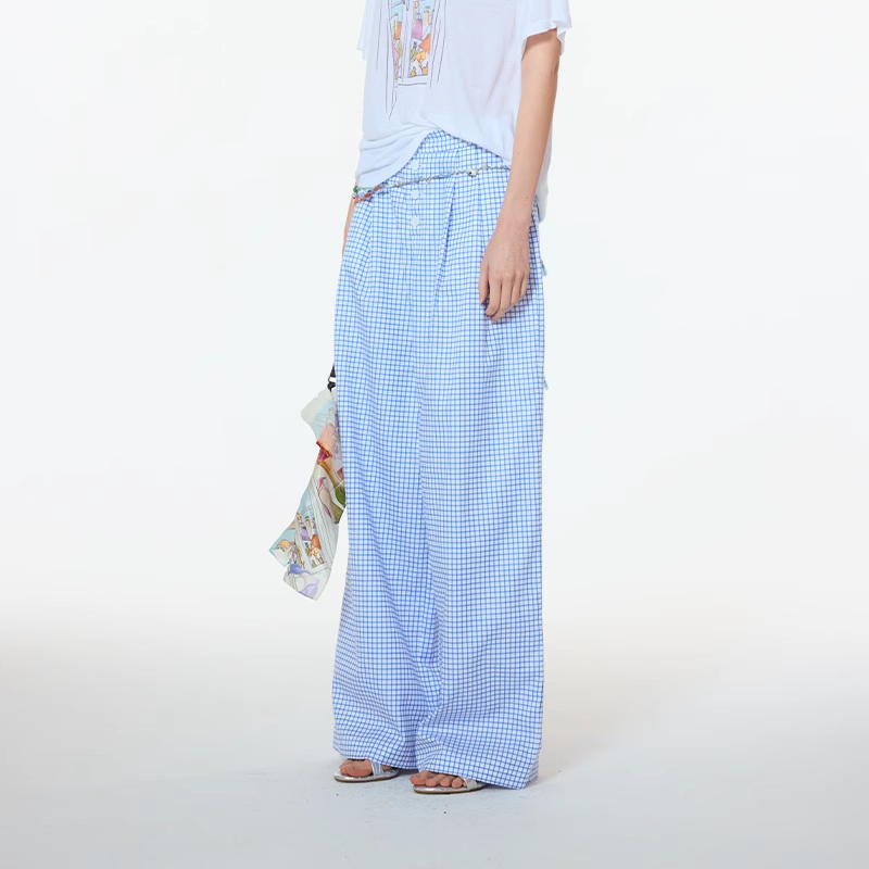 UHOOWU 25春新款简约格纹双褶阔腿裤休闲长裤女