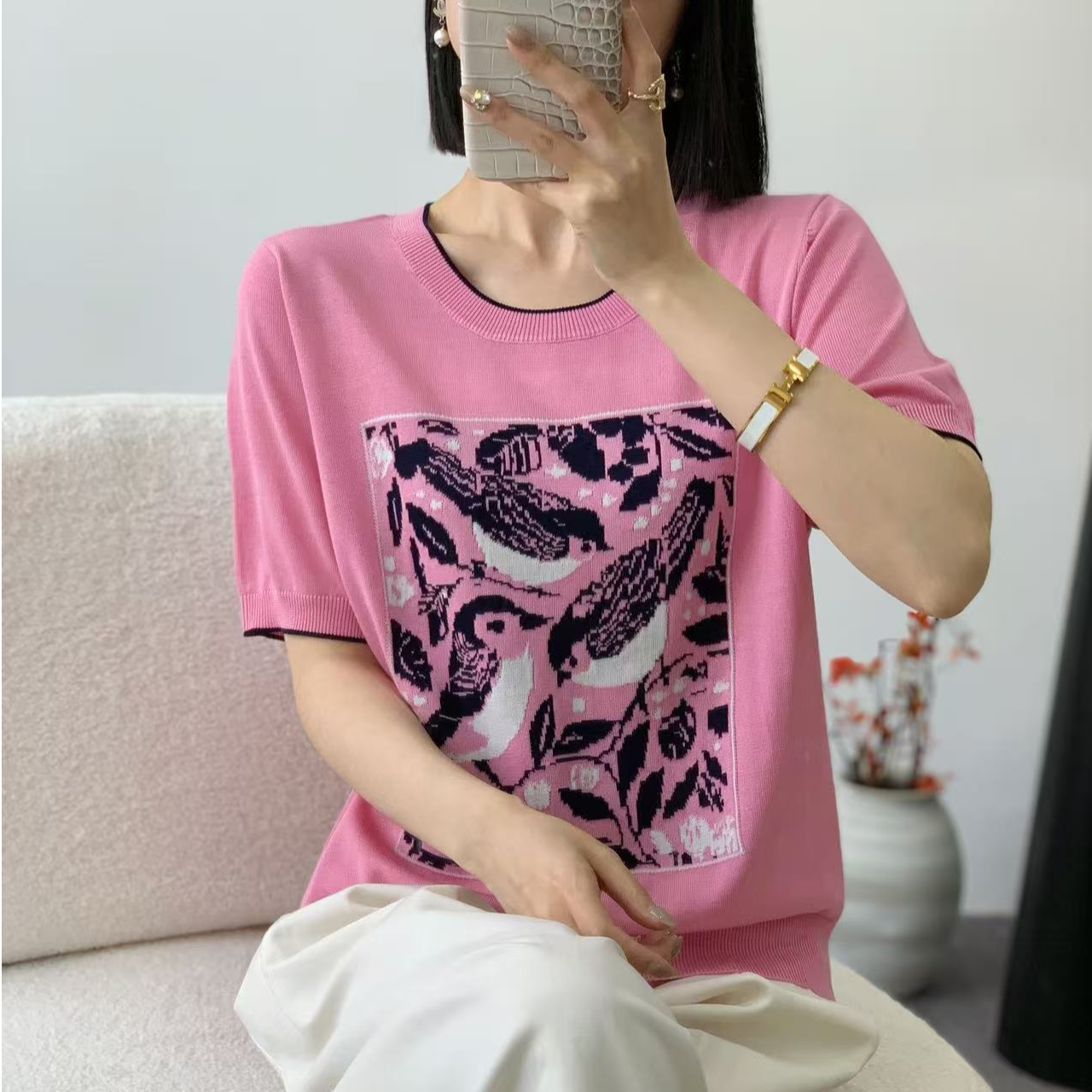 【例畔精选】2025新款气质复古提花小鸟图案减龄百搭针织衫A632#