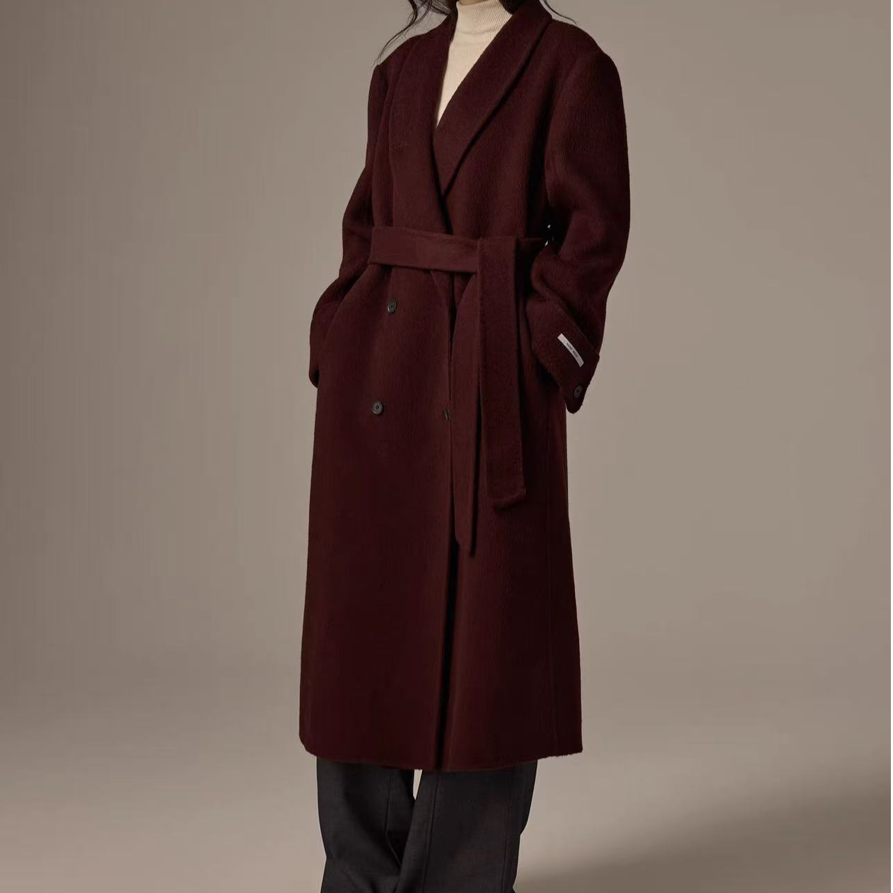 025车里子红羊毛双面尼大衣翻领外套衣长120胸围120