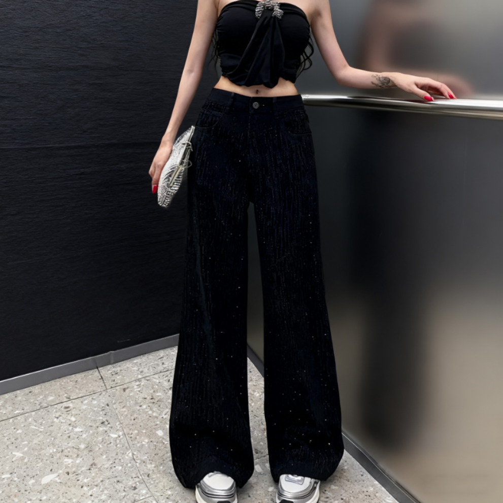 新款早秋百搭休闲时尚宽松设计感重工烫钻牛仔满天星阔腿裤b2069