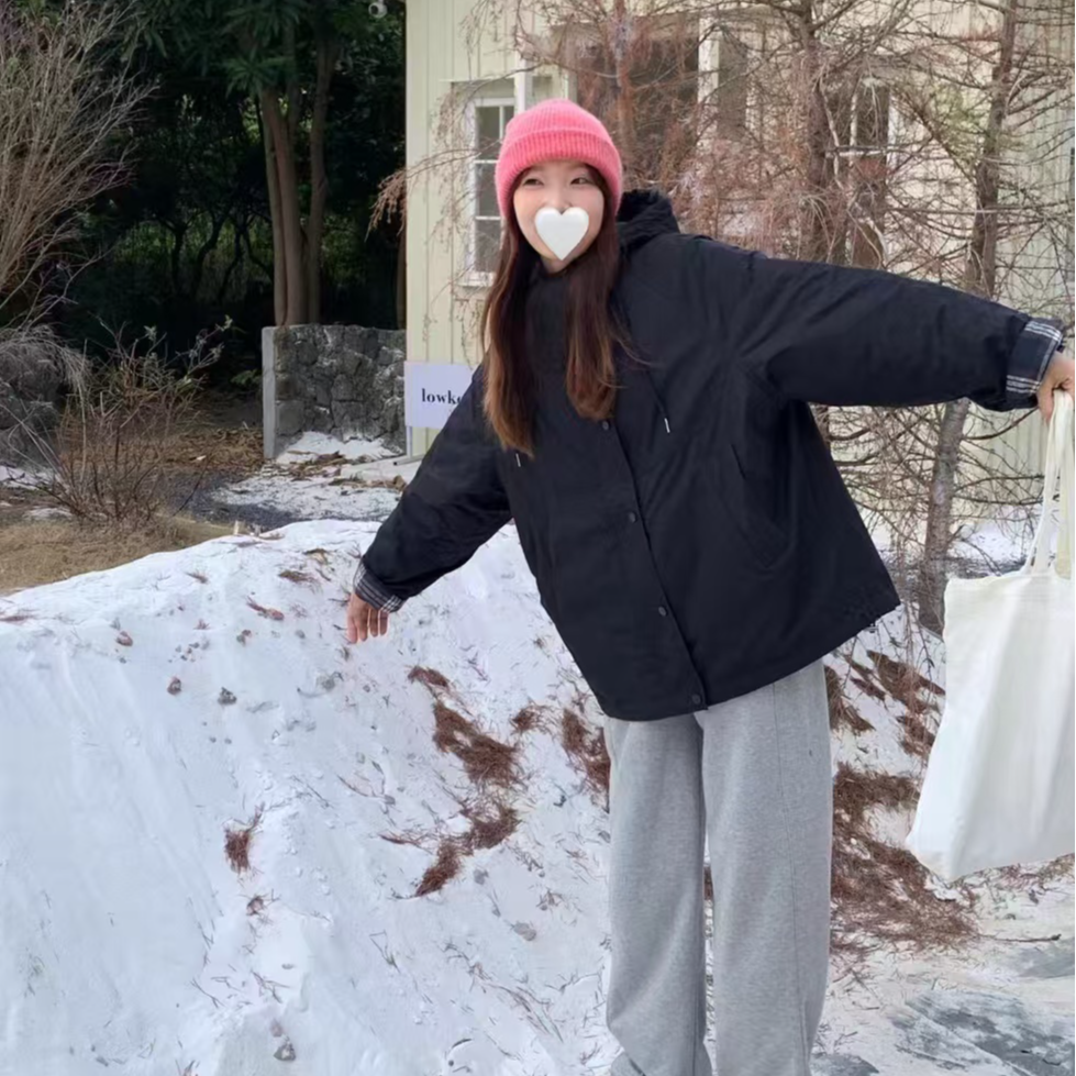 JR-冬季内里格子连帽纯色棉服，08336