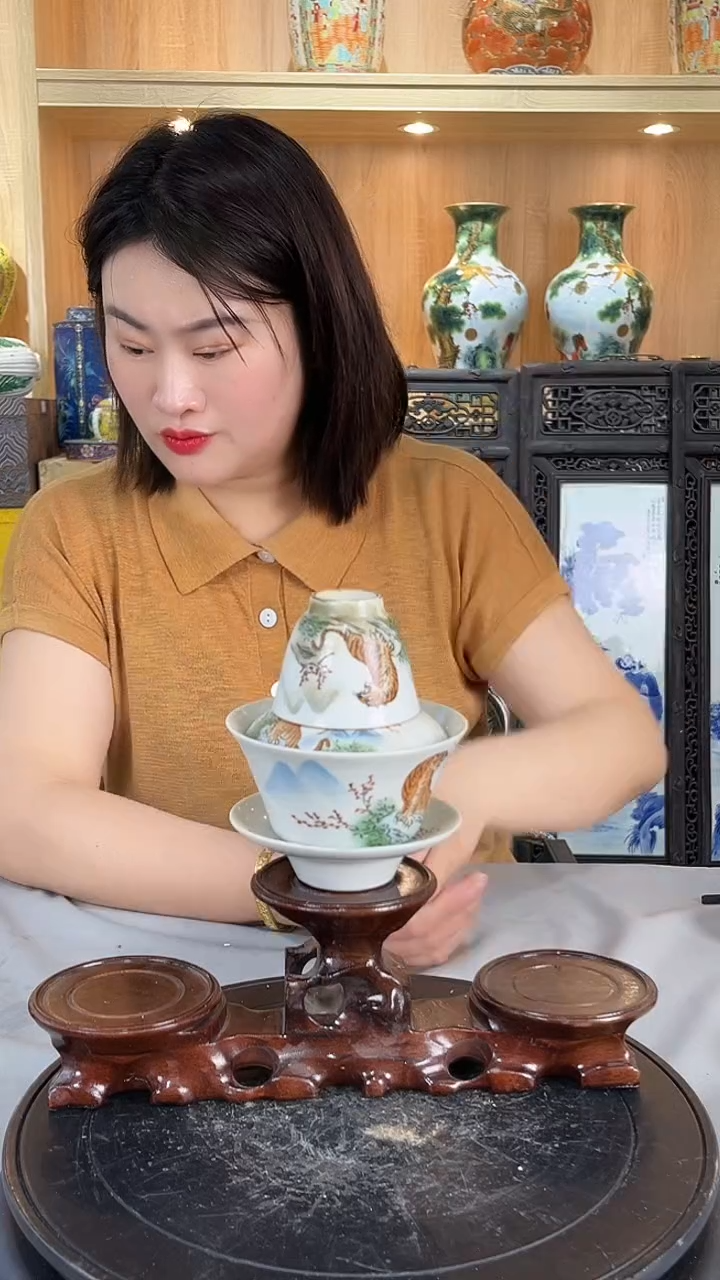 摆件景德镇陶瓷釉上彩生肖壶三才盖碗