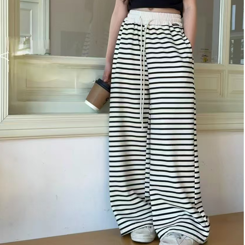 1015韩版2025春季儿童时尚潮流百搭休闲个性白色/黑色条纹直筒裤