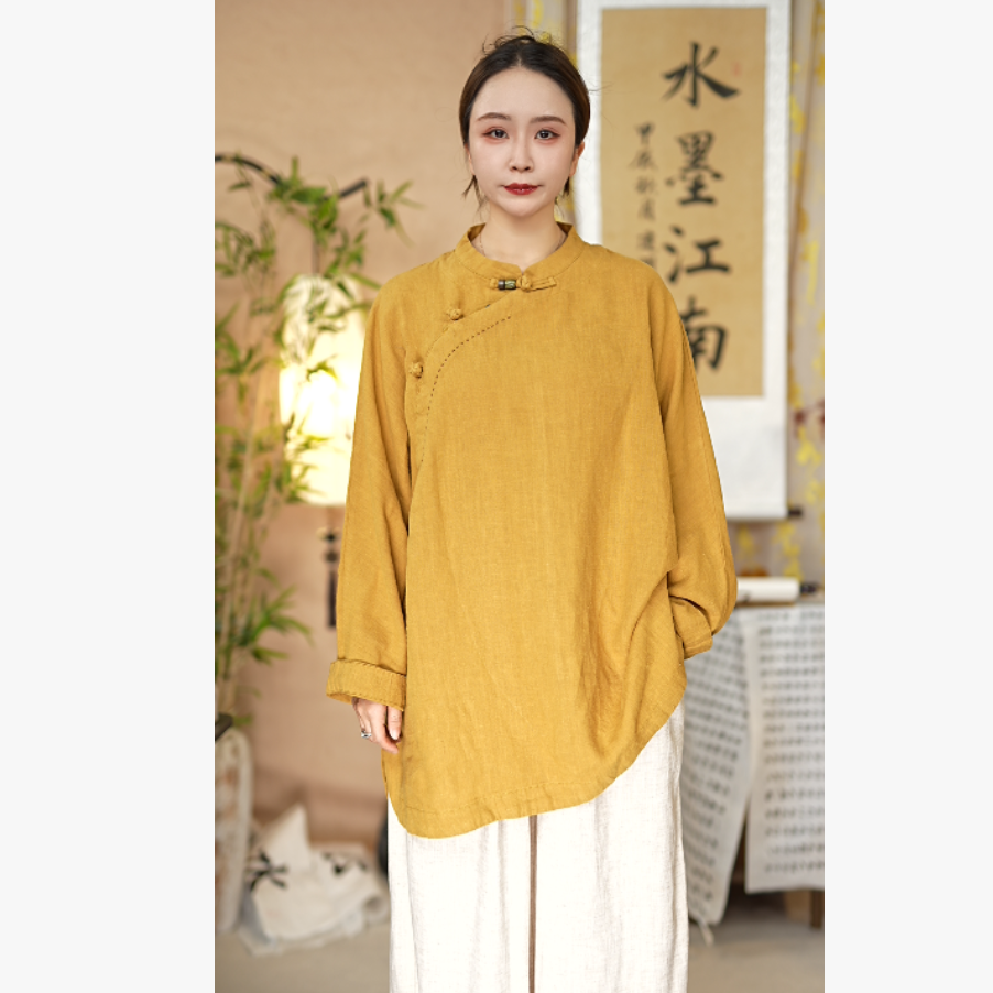 水墨江南-【云梦泽】纯亚麻朱扣奥黛袍子7221