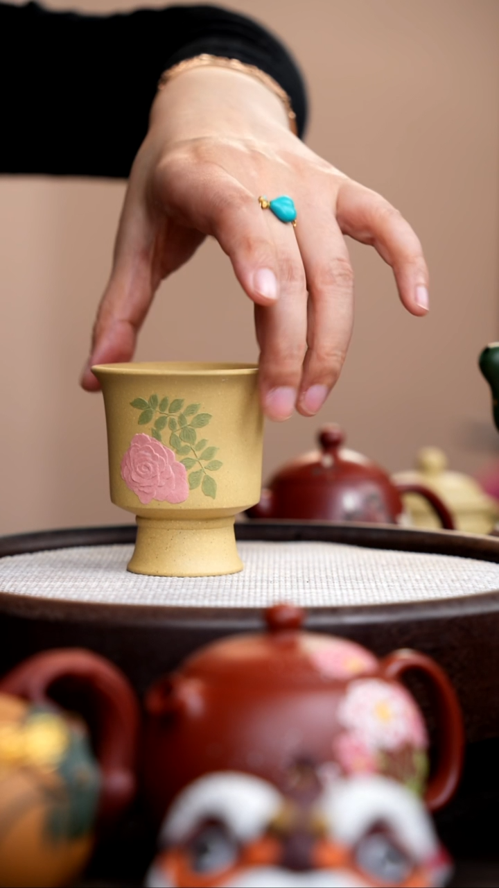 茶壶紫砂本山绿高脚杯粉花