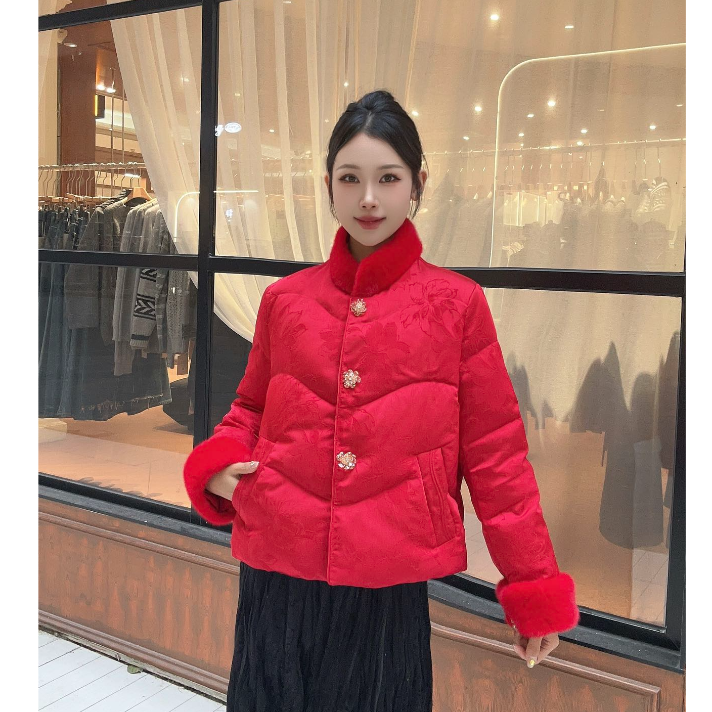 【卡蔻】8851国风印花短款羽绒服（衣长59左右）