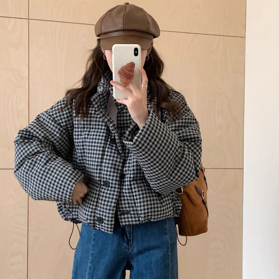 主推鸭绒女款2024冬季韩版千鸟格羽绒服短款立领冬季 鸭绒