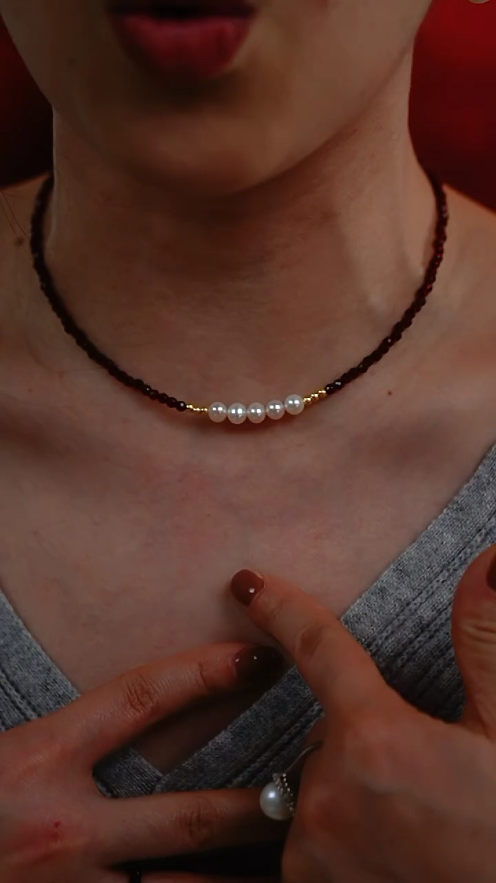 【闪购商品】淡水珍珠颈饰银S925镶嵌5-6mm无核五福临门新年红