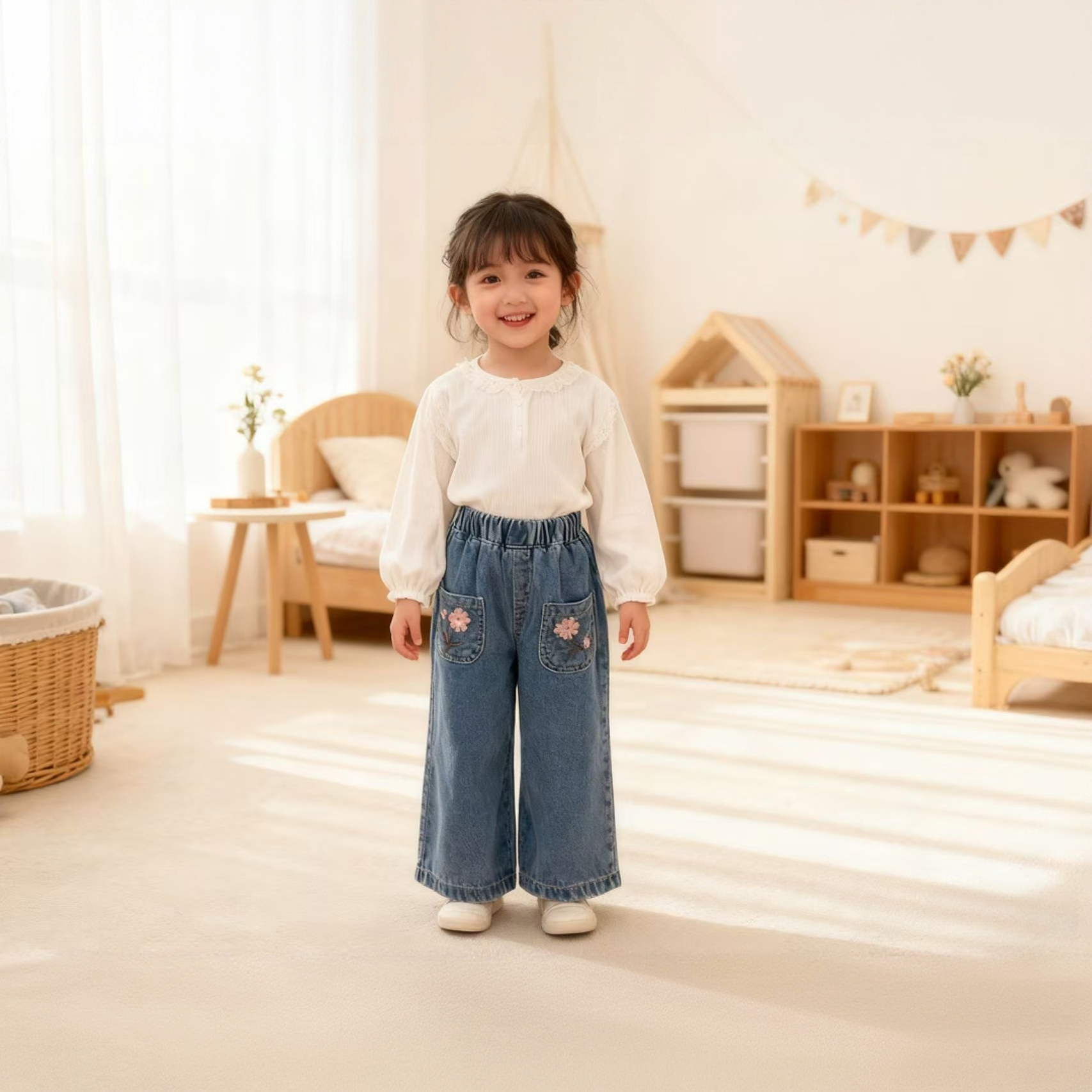 女小童浅蓝牛仔阔腿裤口袋绣温柔粉花松紧腰软亲肤耐穿春【90-130】