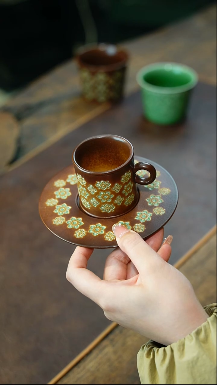 【闪购商品】瓷片李斌 宝相咖啡杯盏带把手