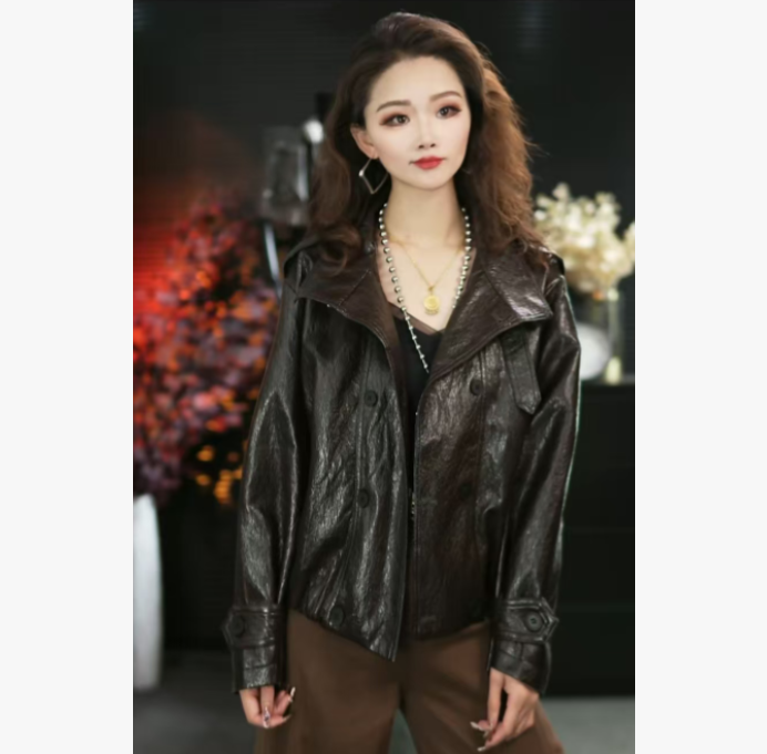 星宝同款韩版机车重工油蜡PU蛋白皮宽松设计百搭女秋冬外套