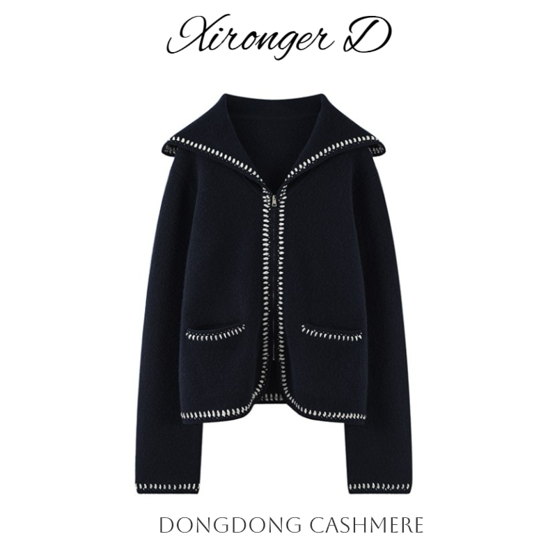 【XRE   100山羊绒】Baby小山羊绒海军领钉珠全拉链云柔羊绒开衫