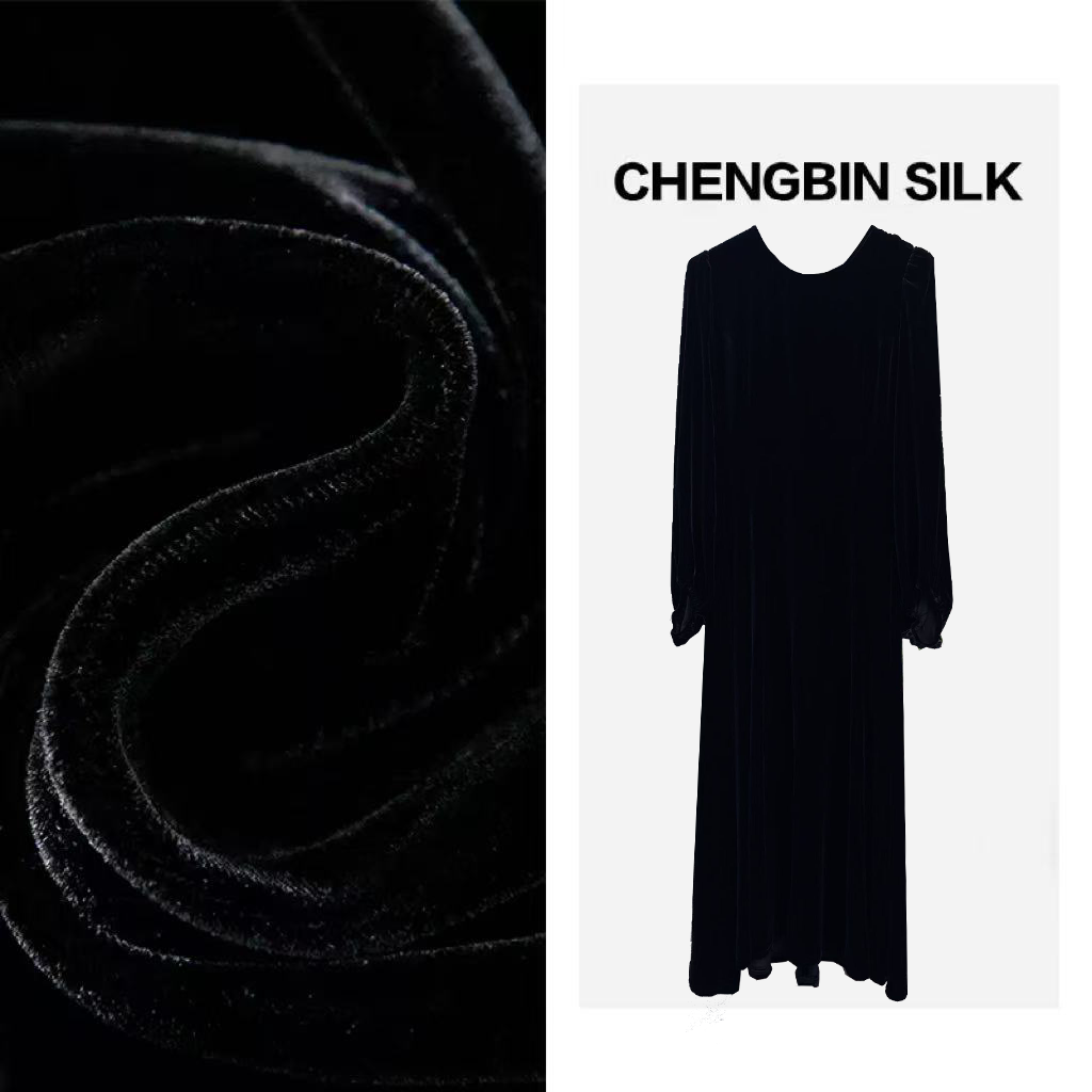 早秋新款重磅桑蚕丝丝绒长袖圆领拉链长款连衣裙气质192820