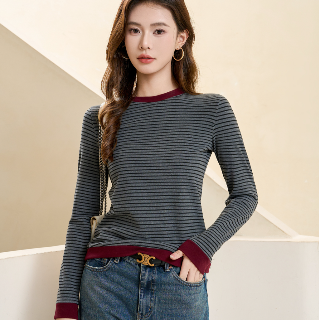 ''摩登经纬''秋冬必入~韩系双面绒撞色条纹长袖！Y055