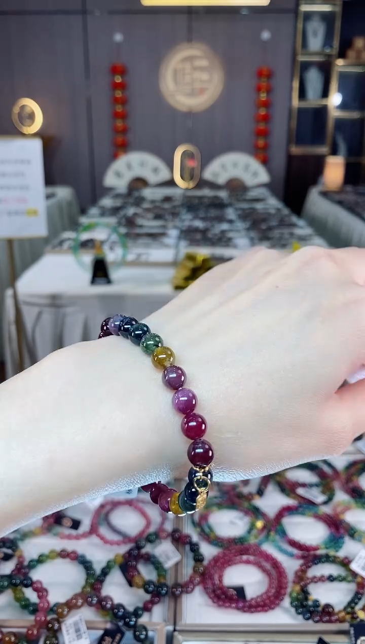 未镶嵌老矿碧玺色标彩虹单圈手串7mm+碧玺dan多样性发货一条