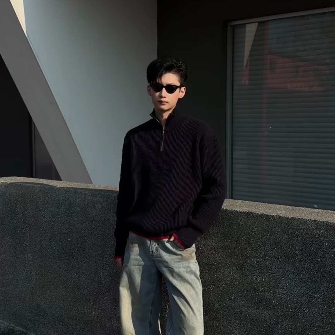 美式复古拼接色半拉链立领毛衣秋冬慵懒cleanfit高级感针织衫毛衣