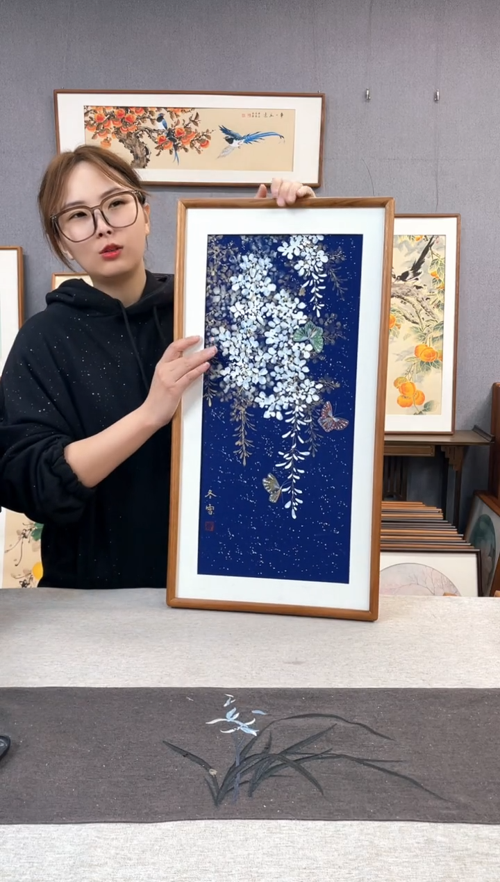 【闪购商品】国画闫冬雪-手绘带框作品-35*68-紫藤
