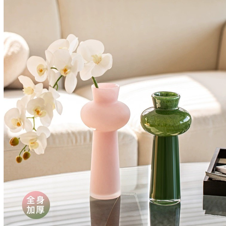 复古圆润磨砂粉玻璃花瓶摆件客厅插花透明水培鲜花中古小众高级感