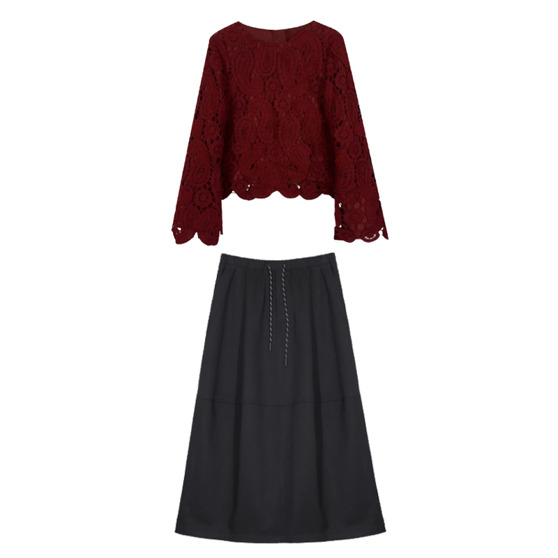 小小复古 秋款慵懒风纯色圆领勾花百搭休闲套装#8133