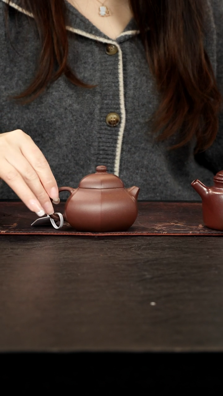 茶壶紫砂老紫泥六方文旦15cc