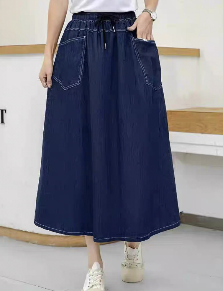 琪琪女装 薄款牛仔拼接口袋设计松紧高腰百搭显瘦A字中长裙