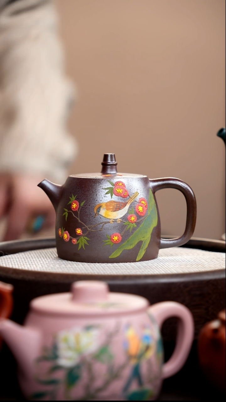 茶壶紫砂柴烧汉铎泥绘黄鸟