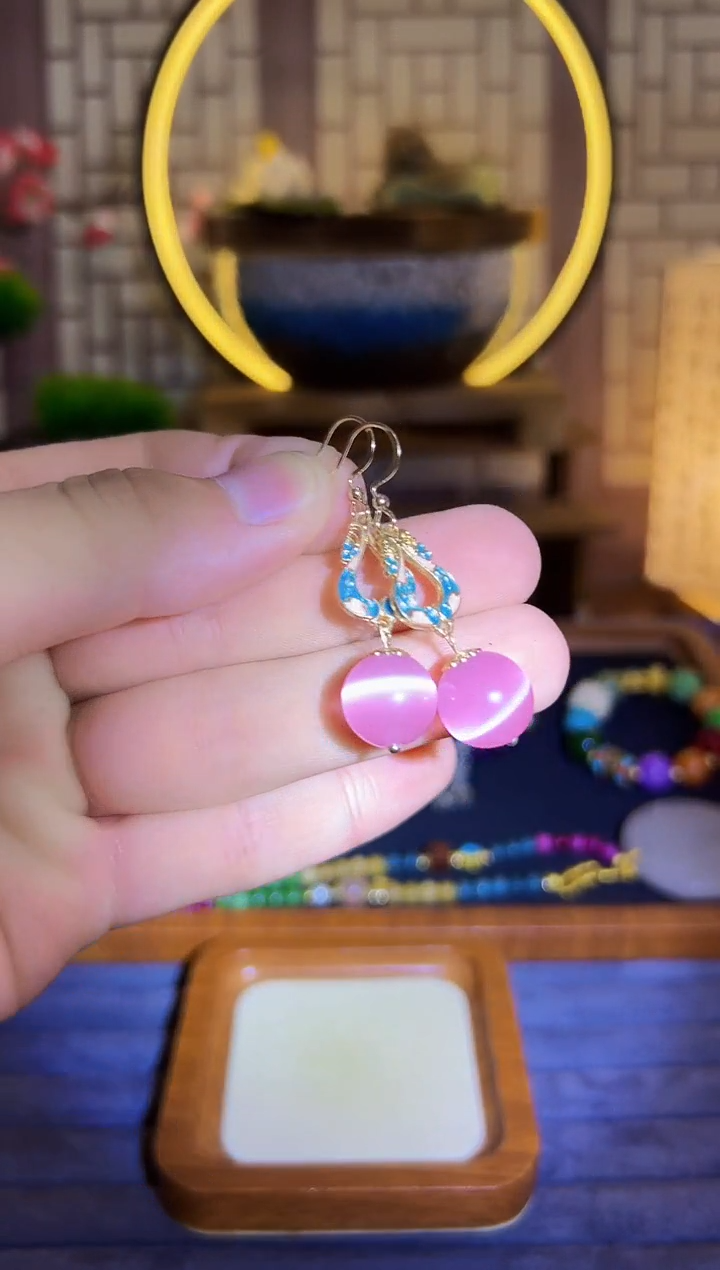 碧玺猫眼耳饰14K金镶嵌E54