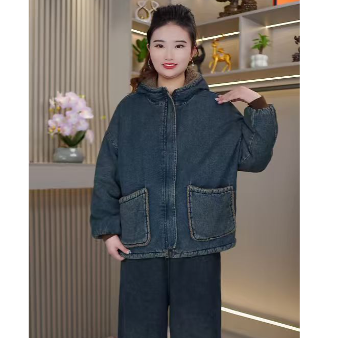 25年冬季新款连帽水洗牛仔休闲外套加绒加棉显瘦外套冬款8875秋冬