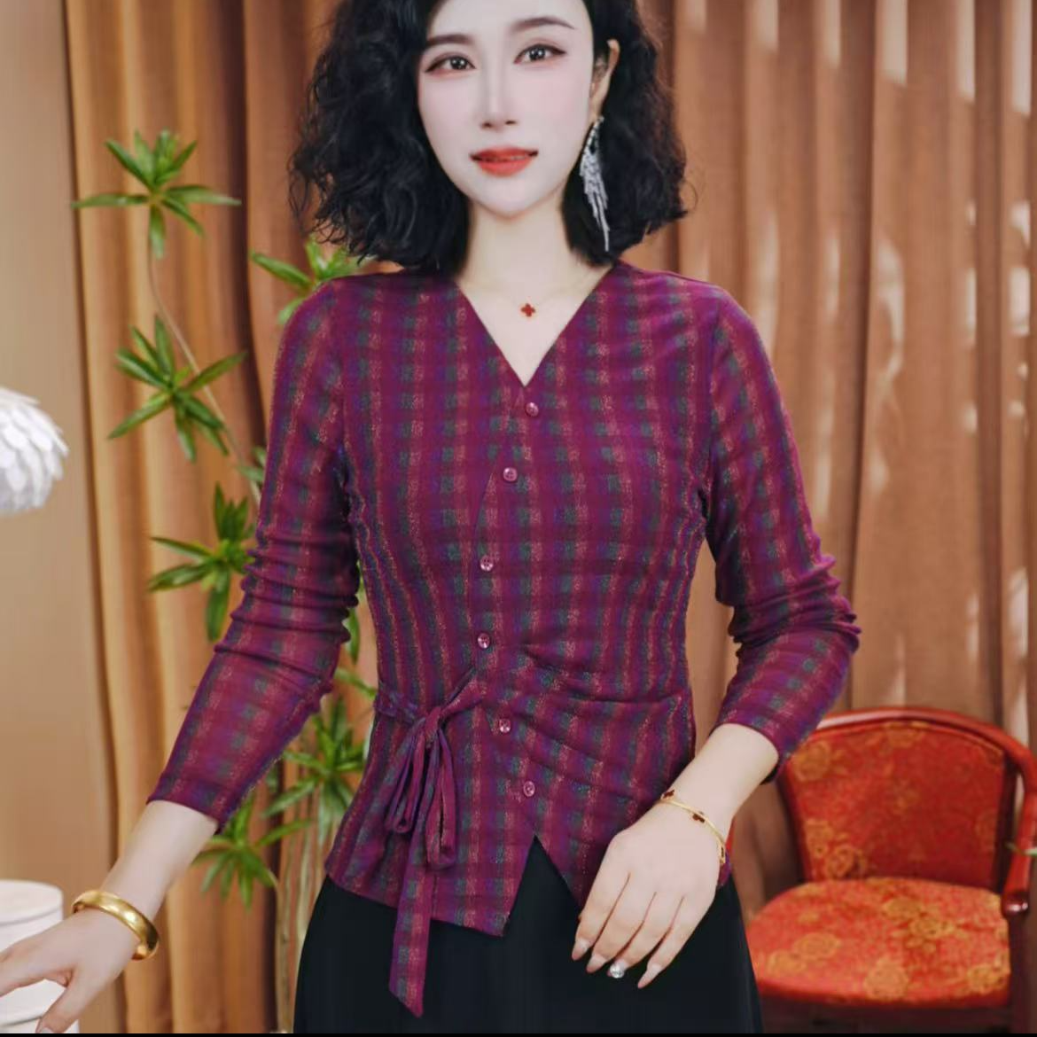 秋季新款休闲洋气长袖气质百搭V领不规则显瘦上衣小衫