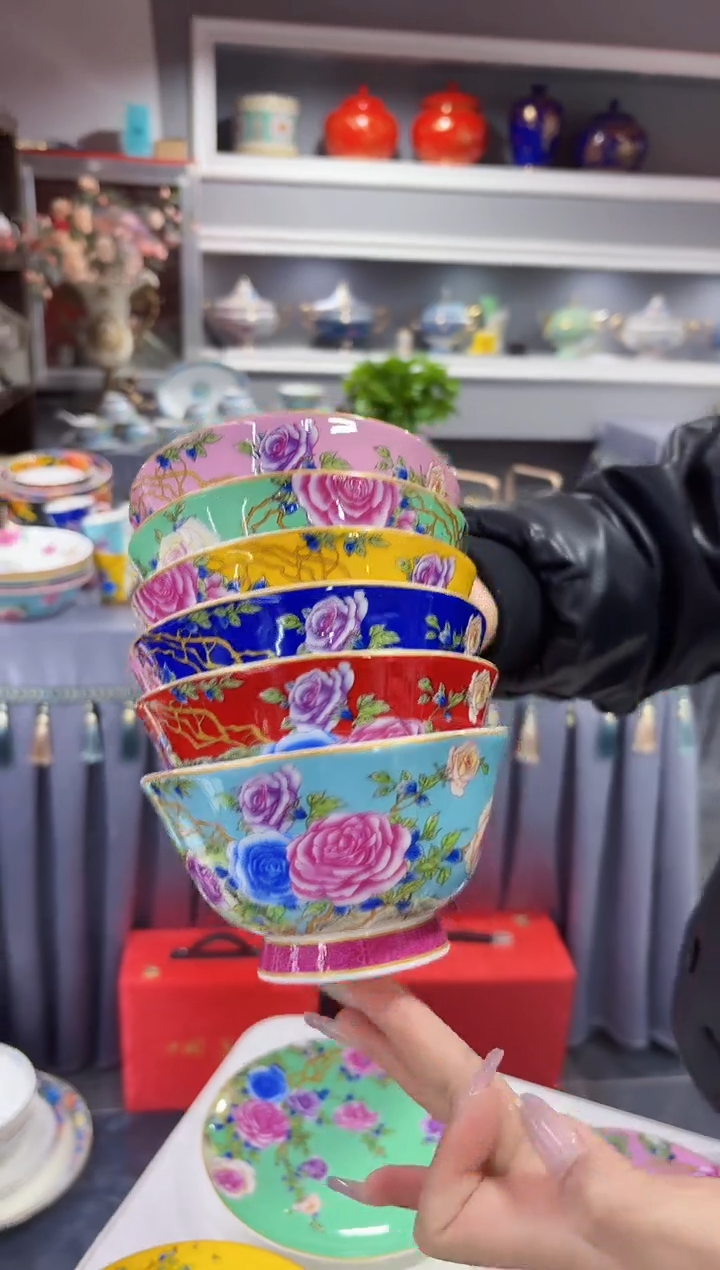 珐琅 4.7英寸花口碗6个景德镇陶瓷混色  