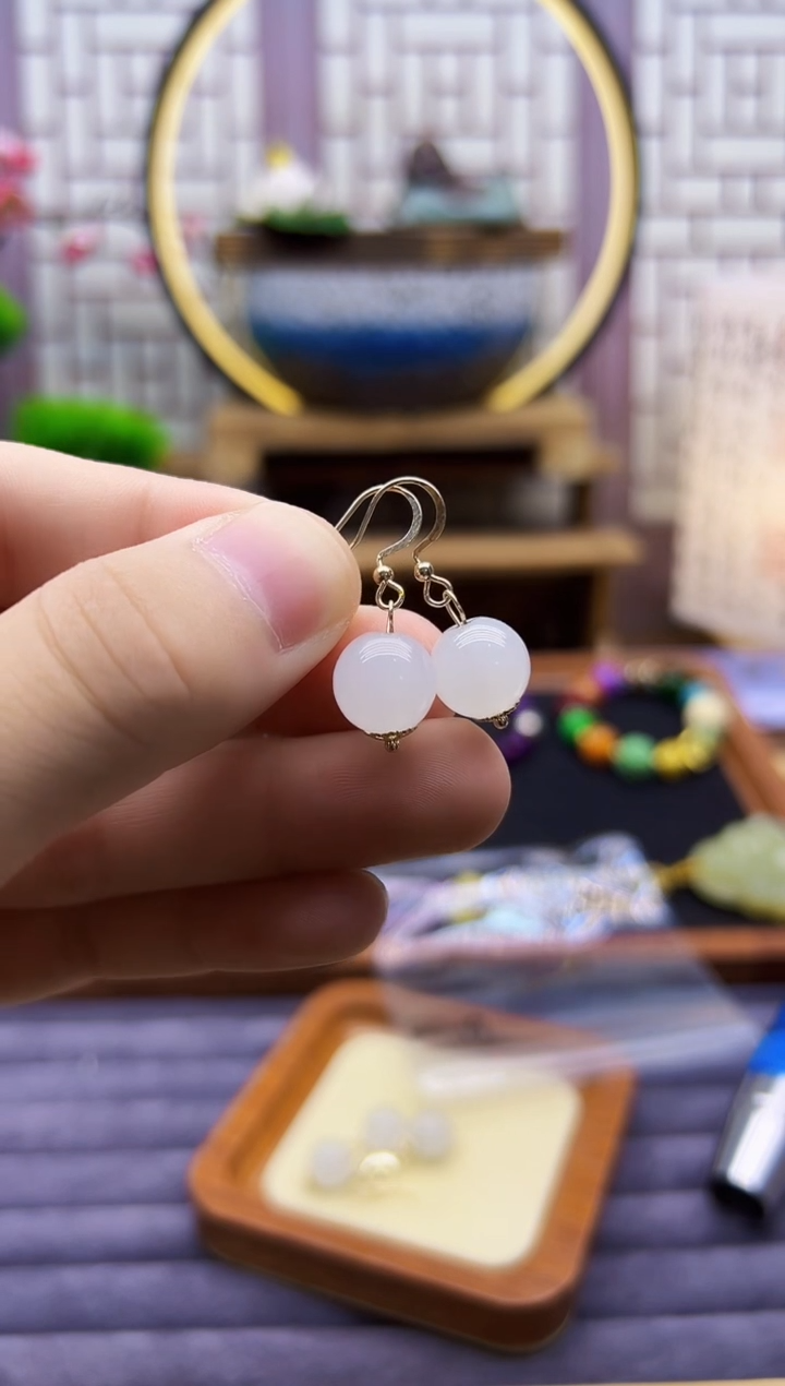 和田玉14K金镶嵌耳饰E118