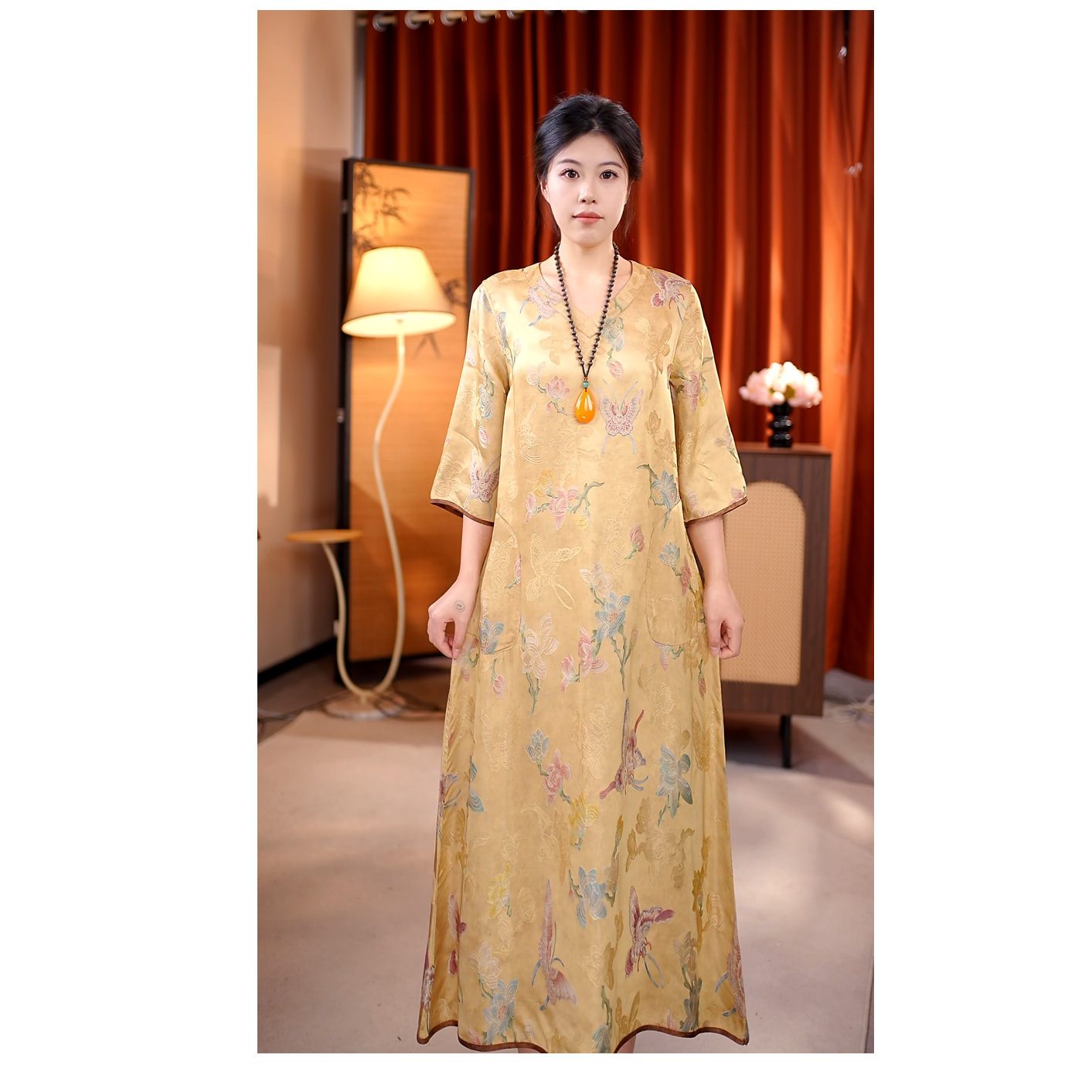 金蝴蝶红云纱双面穿V领经典气质长款丝绸连衣裙（DZ28）