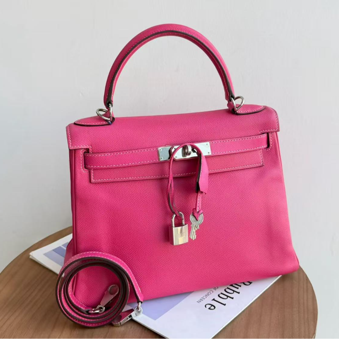 99新 Hermes/爱马仕 kelly28 糖果蓝内拼托斯卡紫 银扣E皮 框O刻