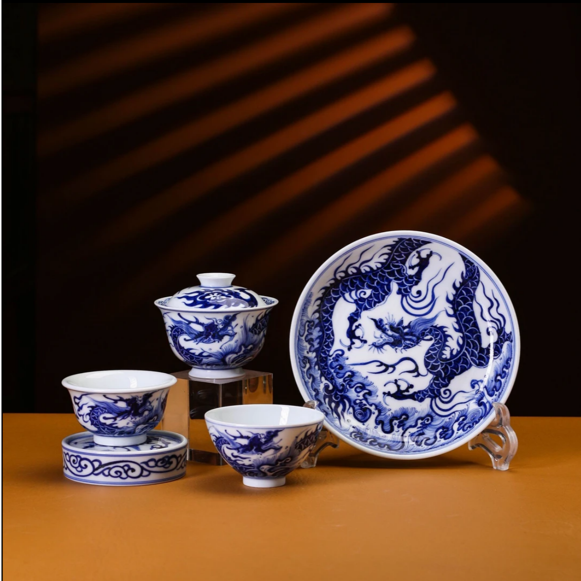 景德镇陶手工手绘柴窑青花铠甲龙纹釉下茶具盖碗主人杯壶承盖置