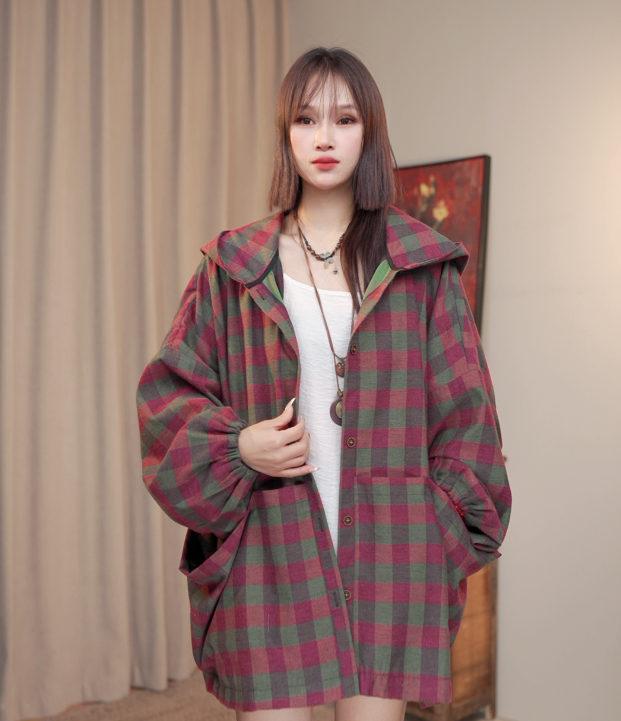 【青梦】秋季红绿渐变格子拼接连帽四兜女款上衣外套S69