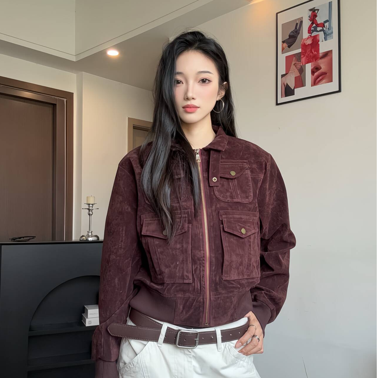 XTD 麂皮绒外套女秋季2025新款巨好看的冷淡系独特短款外套上衣潮
